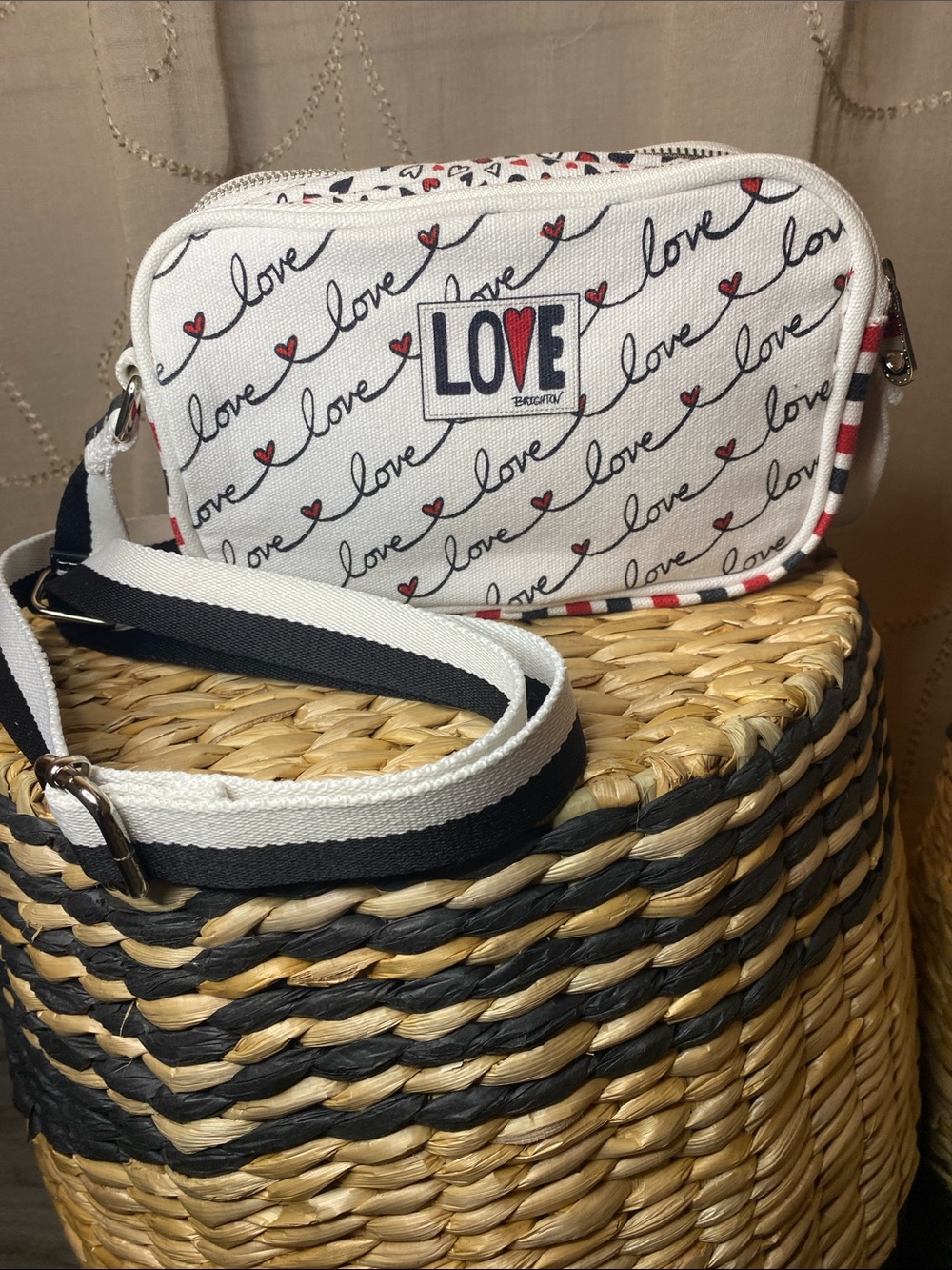 Brighton Bags “Love Scroll” White Canvas Crossbody Red Black Accents NWOT